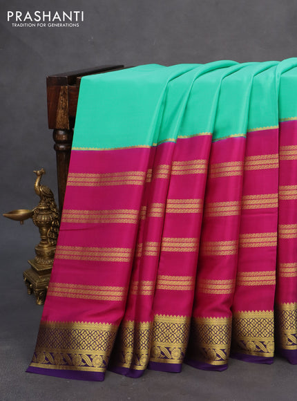 Pure mysore silk saree teal green and pink violet with plain body and long zari woven border
