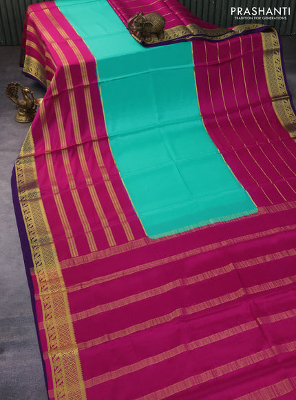 Pure mysore silk saree teal green and pink violet with plain body and long zari woven border