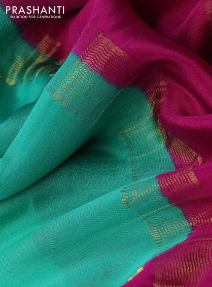 Pure mysore silk saree teal green and pink violet with plain body and long zari woven border