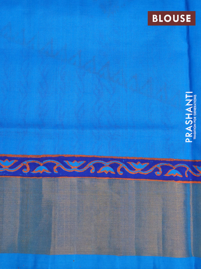 Silk cotton block printed saree cs blue with floral butta prints and zari woven border