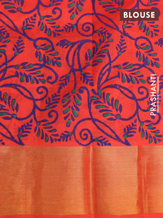 Silk cotton block printed saree orange with leaf butta prints and zari woven border