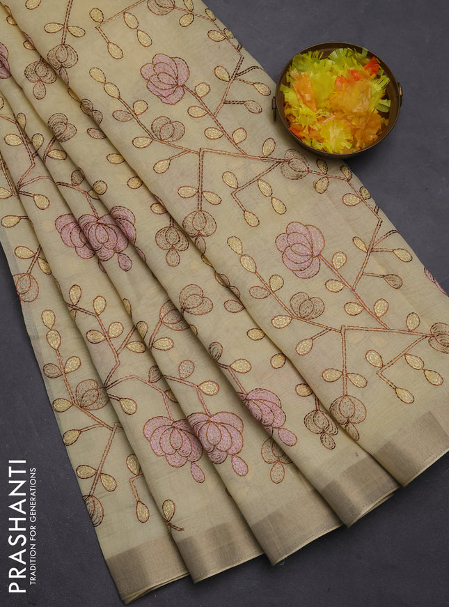 Cotton Saree pale yellow with allover kantha work and zari woven border