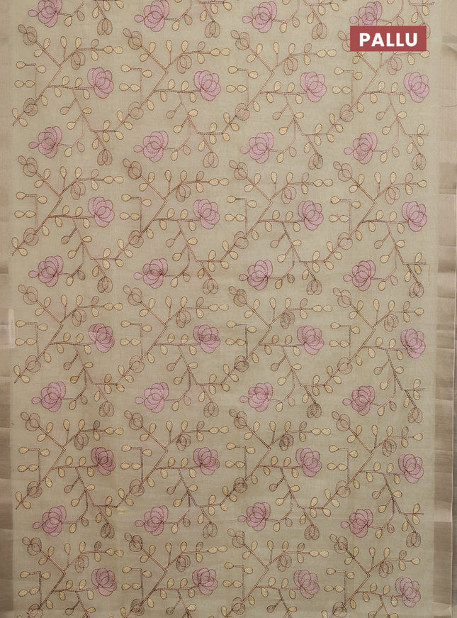 Cotton Saree pale yellow with allover kantha work and zari woven border