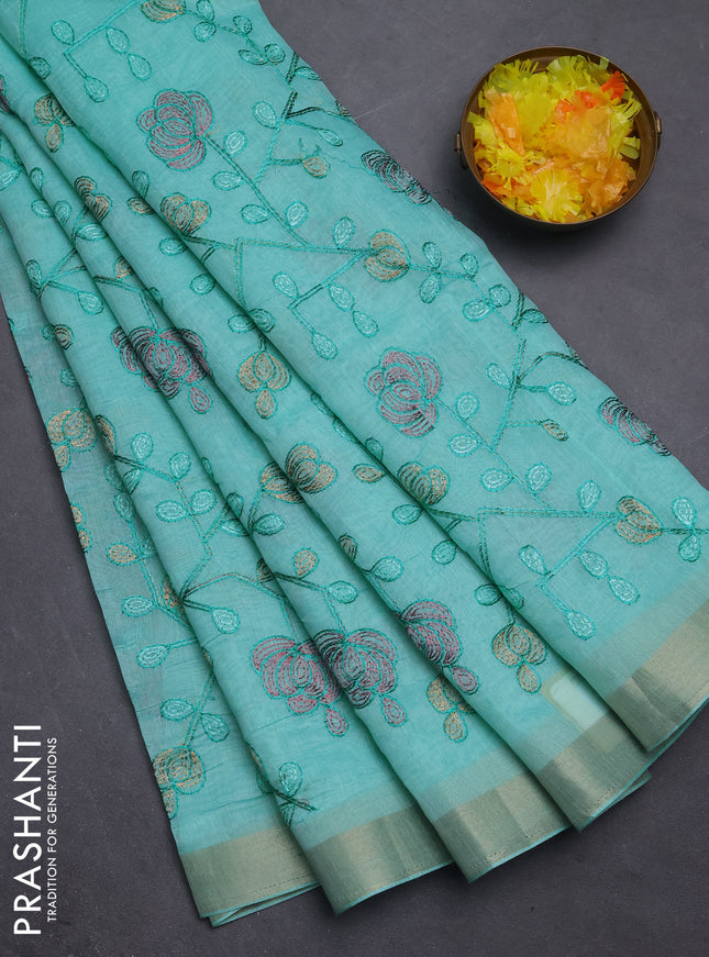 Cotton Saree teal blue with allover kantha work and zari woven border