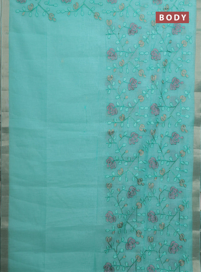 Cotton Saree teal blue with allover kantha work and zari woven border