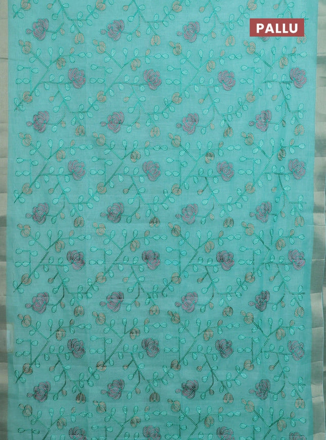 Cotton Saree teal blue with allover kantha work and zari woven border