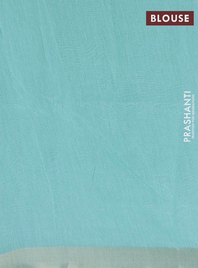 Cotton Saree teal blue with allover kantha work and zari woven border