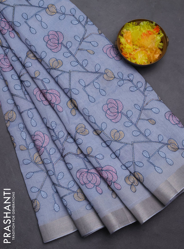 Cotton Saree grey with allover kantha work and zari woven border