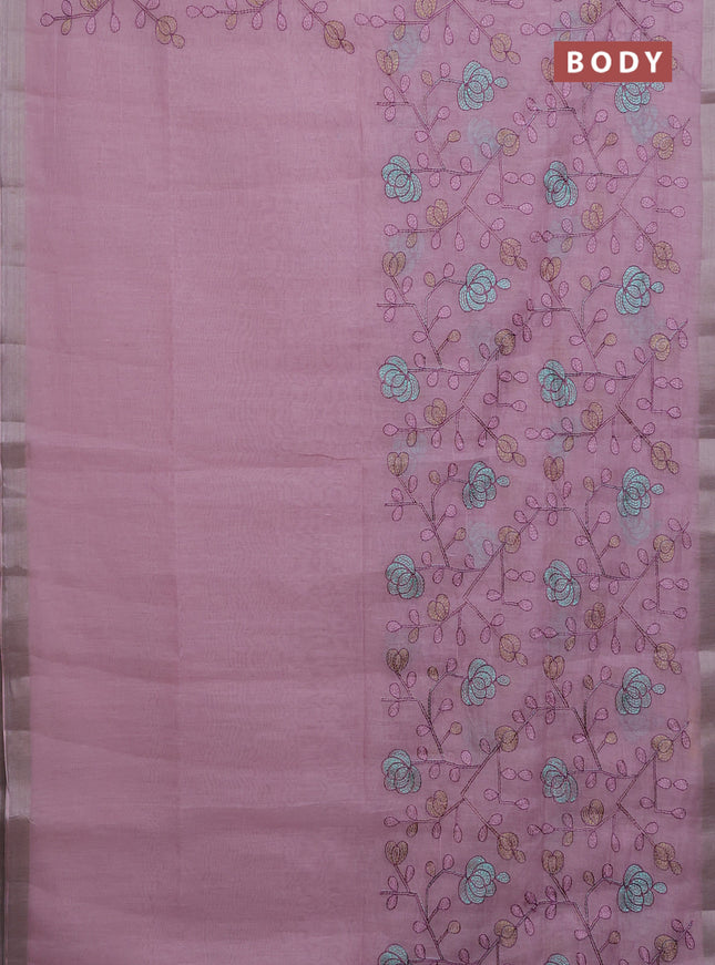 Cotton Saree pastel pink with allover kantha work and zari woven border
