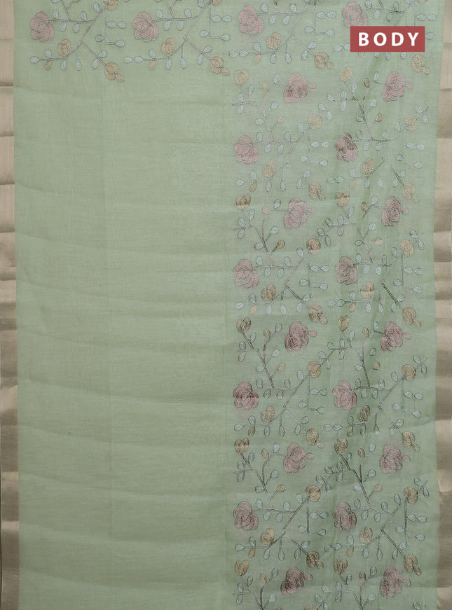 Cotton Saree pista green with allover kantha work and zari woven border