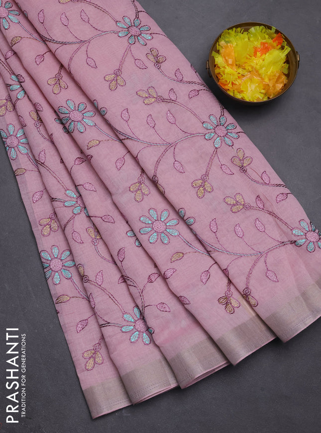 Cotton Saree light pink with allover kantha work and zari woven border