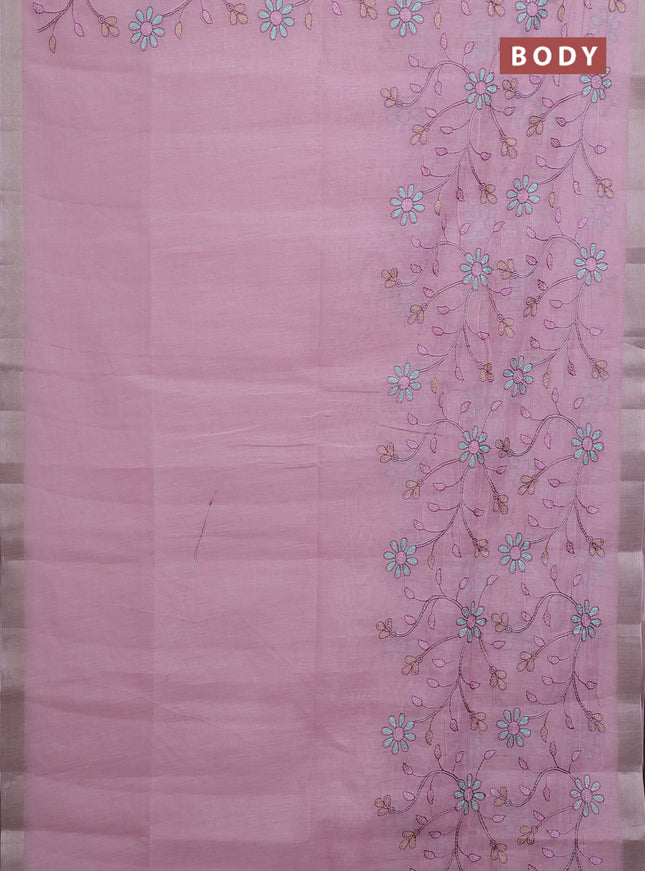 Cotton Saree light pink with allover kantha work and zari woven border