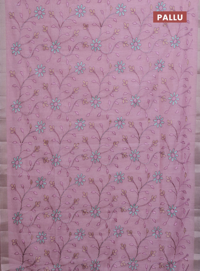 Cotton Saree light pink with allover kantha work and zari woven border