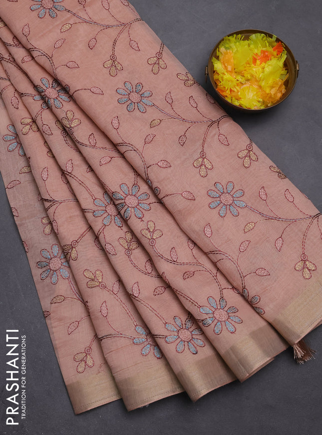 Cotton Saree peach shade with allover kantha work and zari woven border
