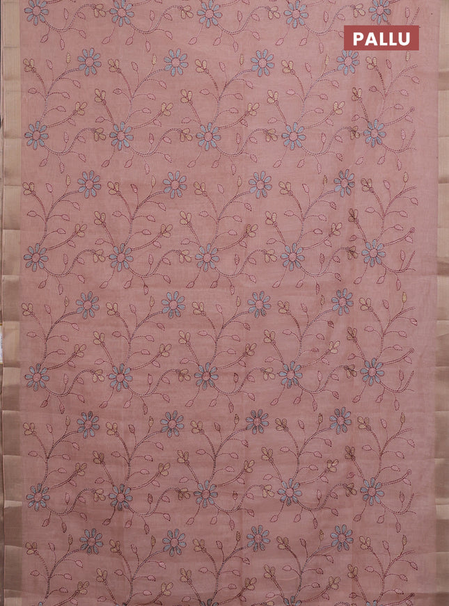 Cotton Saree peach shade with allover kantha work and zari woven border