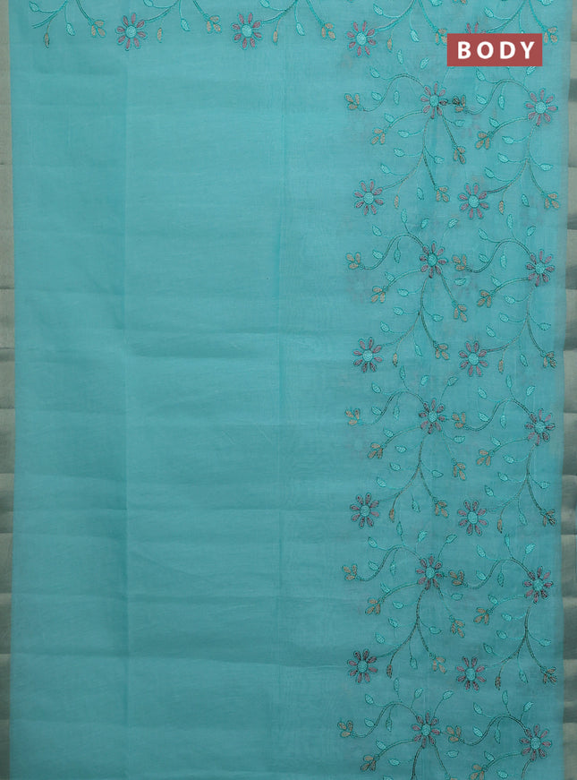 Cotton Saree teal blue with allover kantha work and zari woven border