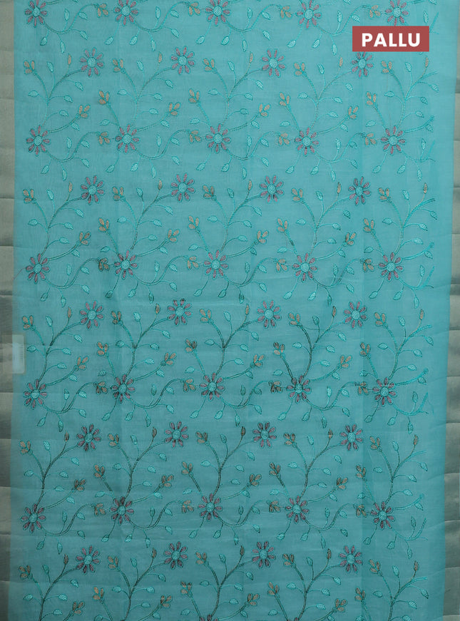 Cotton Saree teal blue with allover kantha work and zari woven border