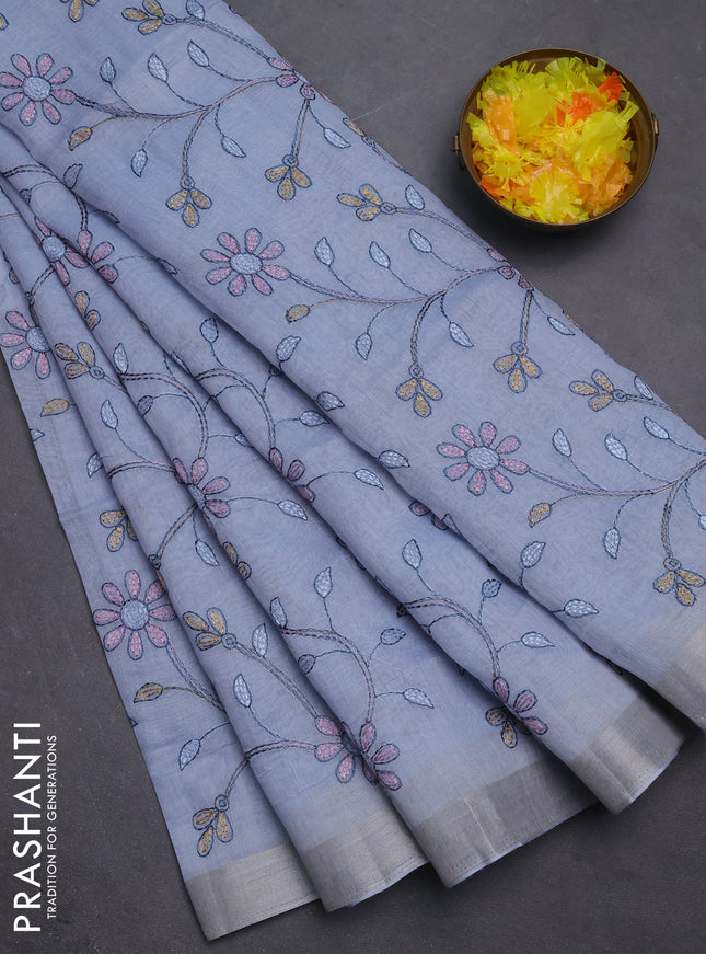 Cotton Saree grey with allover kantha work and zari woven border
