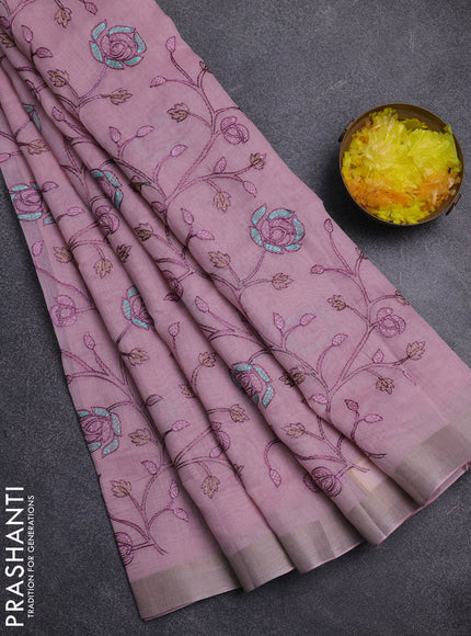 Cotton Saree light pink with allover kantha work and zari woven border