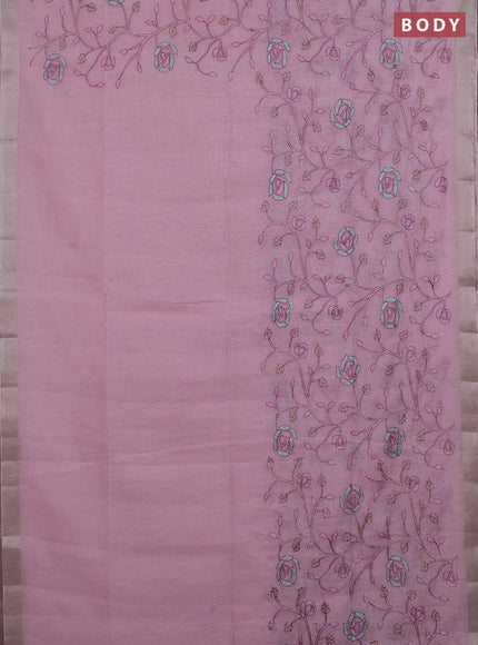 Cotton Saree light pink with allover kantha work and zari woven border