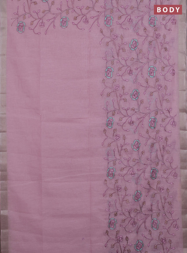 Cotton Saree light pink with allover kantha work and zari woven border