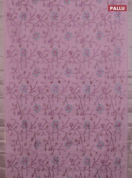 Cotton Saree light pink with allover kantha work and zari woven border