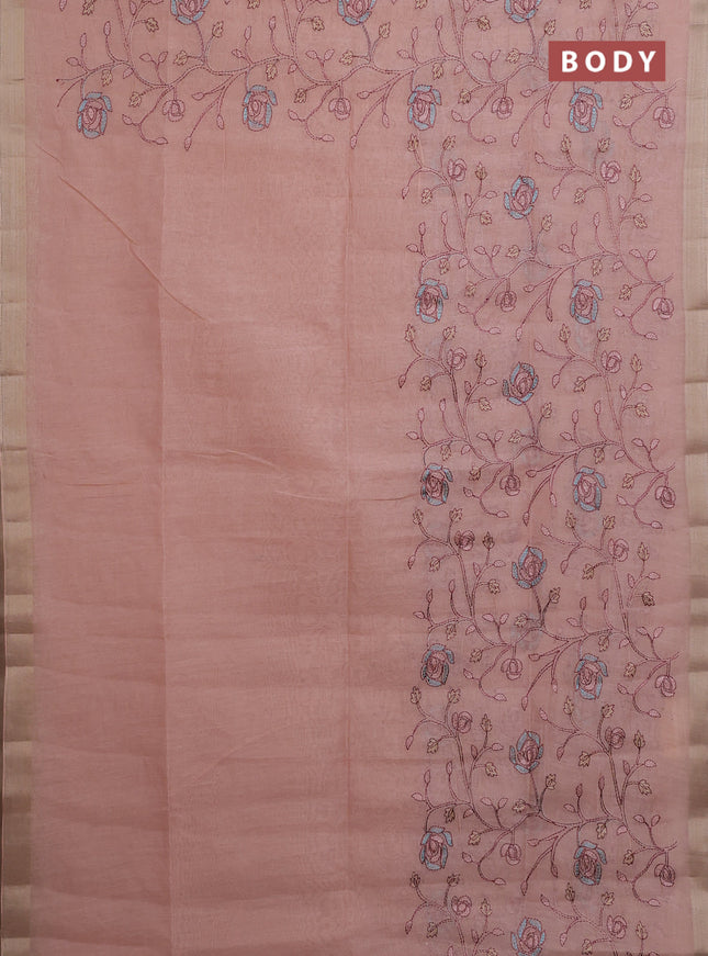Cotton Saree peach shade with allover kantha work and zari woven border