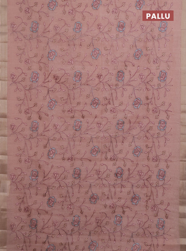 Cotton Saree peach shade with allover kantha work and zari woven border