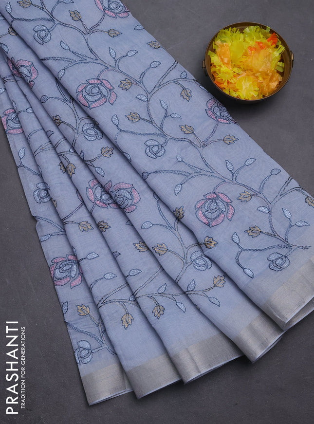 Cotton Saree grey with allover kantha work and zari woven border