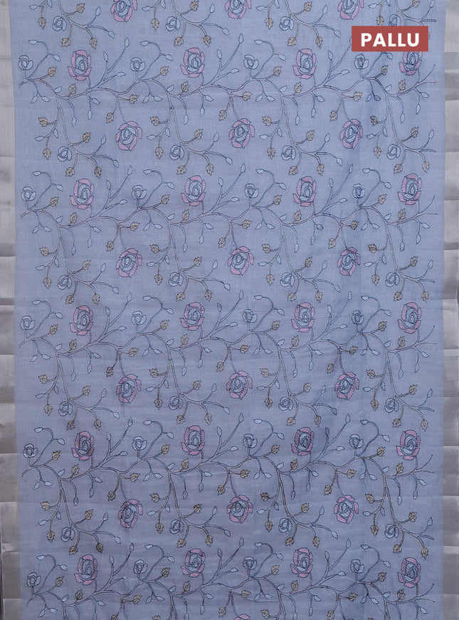 Cotton Saree grey with allover kantha work and zari woven border