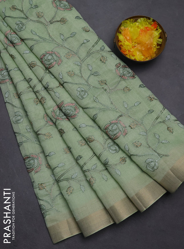 Cotton Saree pista green with allover kantha work and zari woven border