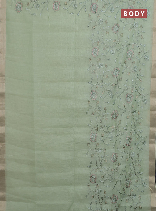 Cotton Saree pista green with allover kantha work and zari woven border
