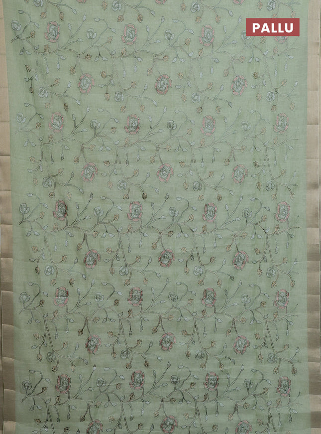 Cotton Saree pista green with allover kantha work and zari woven border