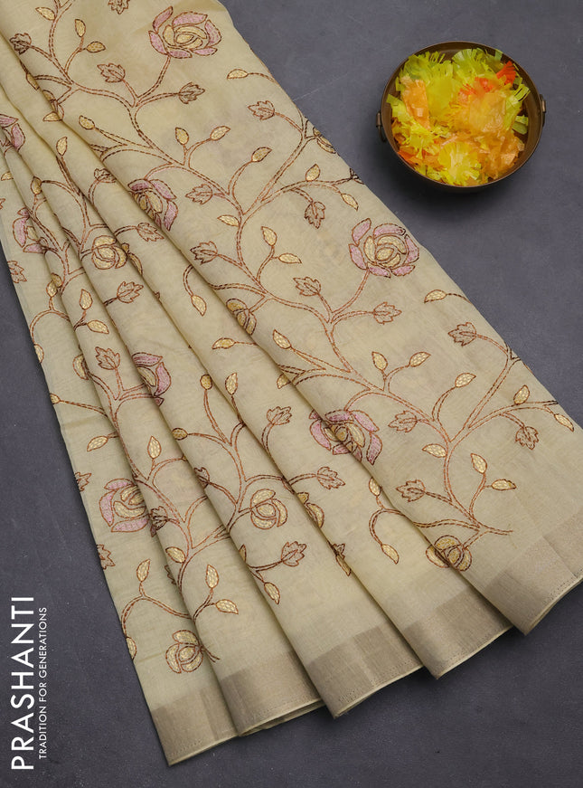 Cotton Saree pale yellow with allover kantha work and zari woven border