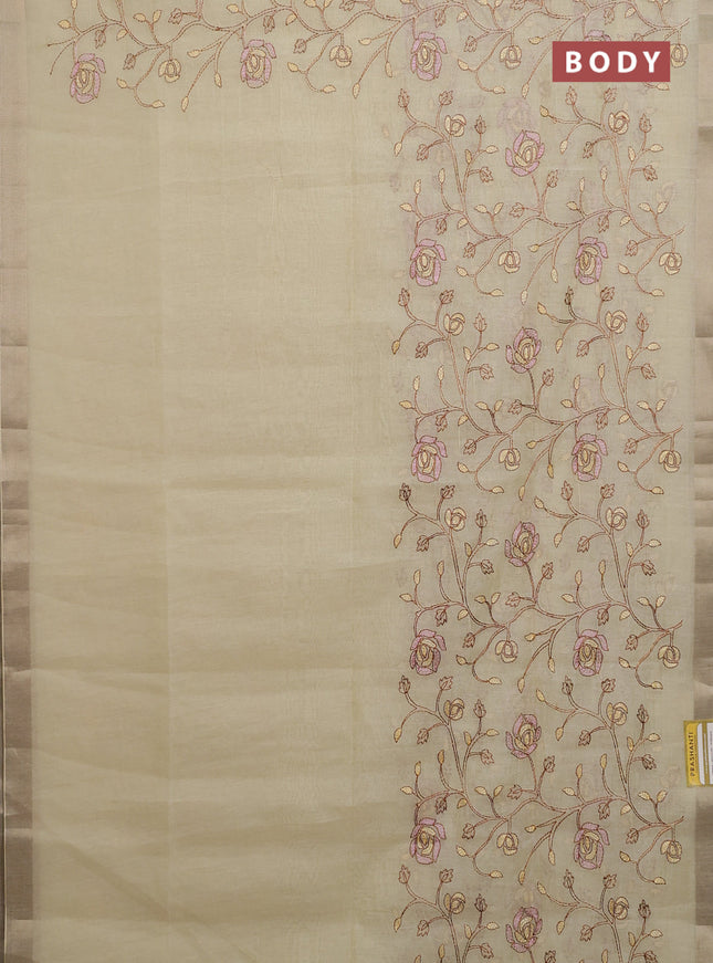 Cotton Saree pale yellow with allover kantha work and zari woven border