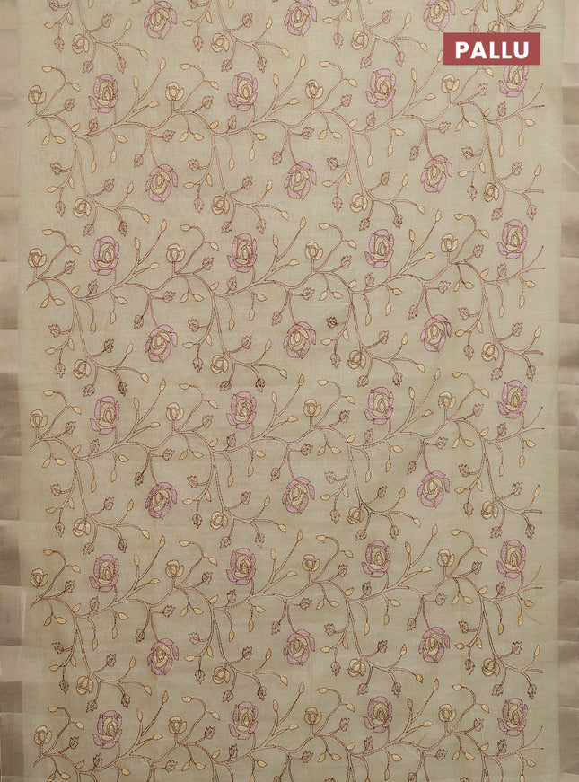 Cotton Saree pale yellow with allover kantha work and zari woven border