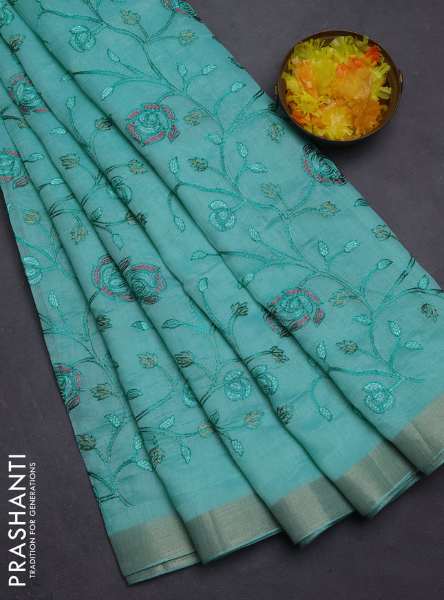 Cotton Saree teal blue with allover kantha work and zari woven border