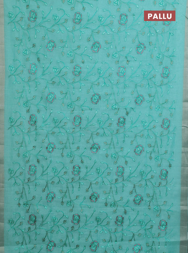 Cotton Saree teal blue with allover kantha work and zari woven border