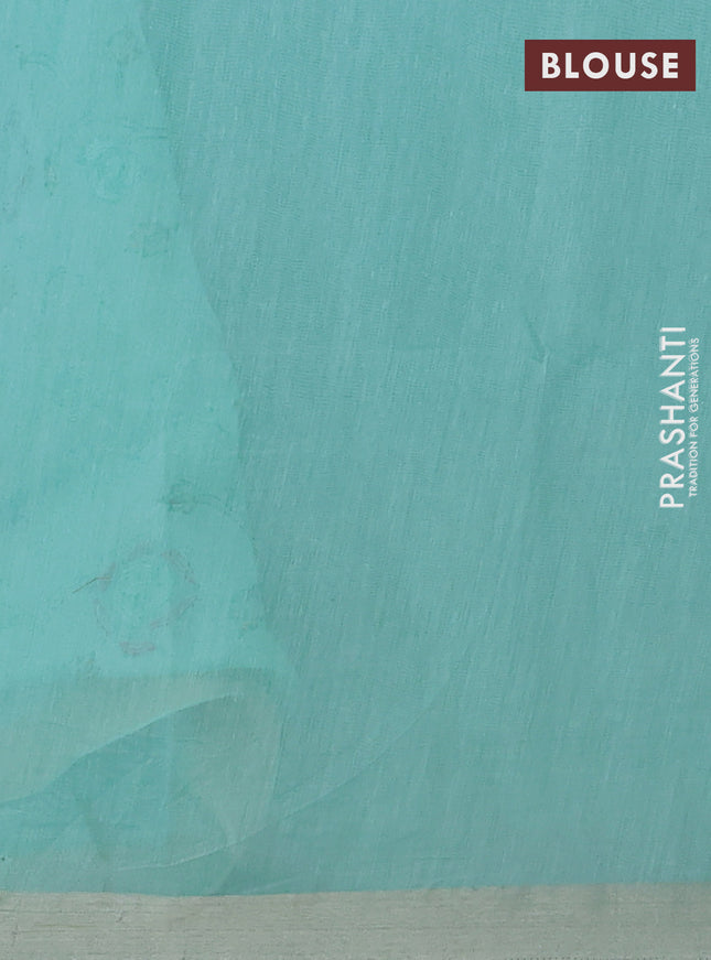 Cotton Saree teal blue with allover kantha work and zari woven border