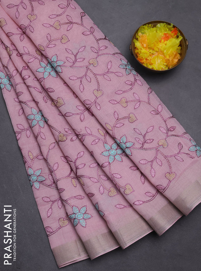 Cotton Saree light pink with allover kantha work and zari woven border