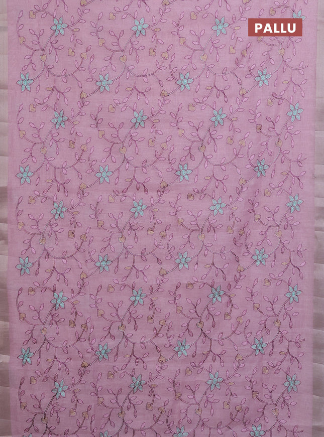 Cotton Saree light pink with allover kantha work and zari woven border