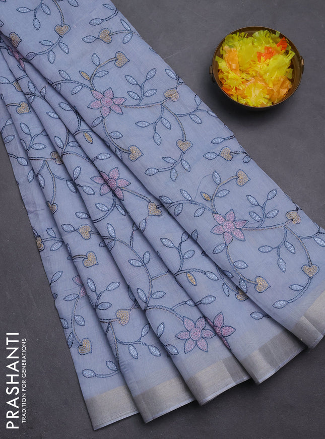 Cotton Saree grey with allover kantha work and zari woven border