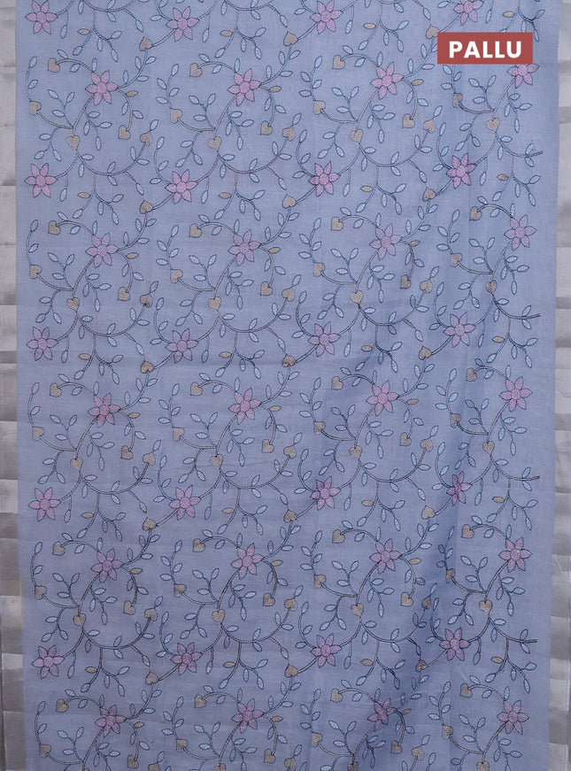 Cotton Saree grey with allover kantha work and zari woven border