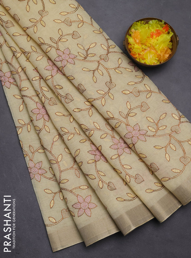 Cotton Saree pale yellow with allover kantha work and zari woven border