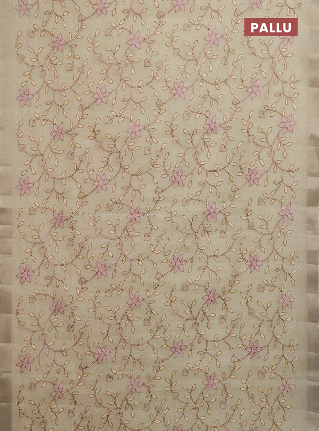 Cotton Saree pale yellow with allover kantha work and zari woven border