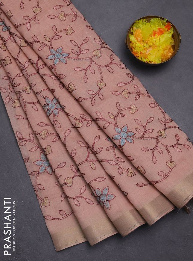 Cotton Saree peach shade with allover kantha work and zari woven border