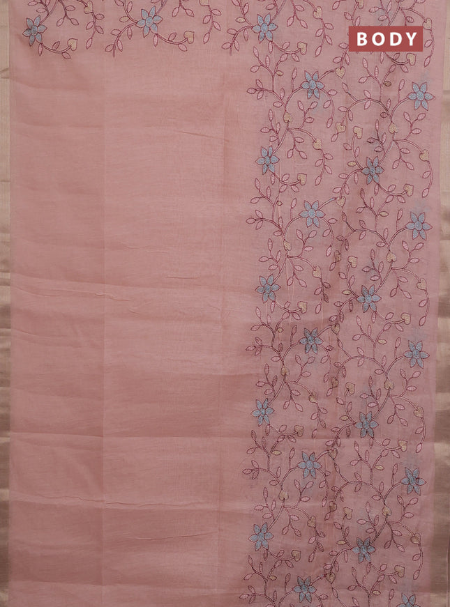 Cotton Saree peach shade with allover kantha work and zari woven border