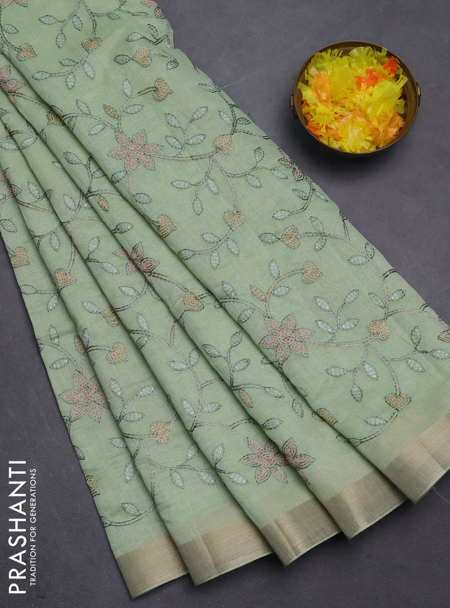 Cotton Saree pista green with allover kantha work and zari woven border