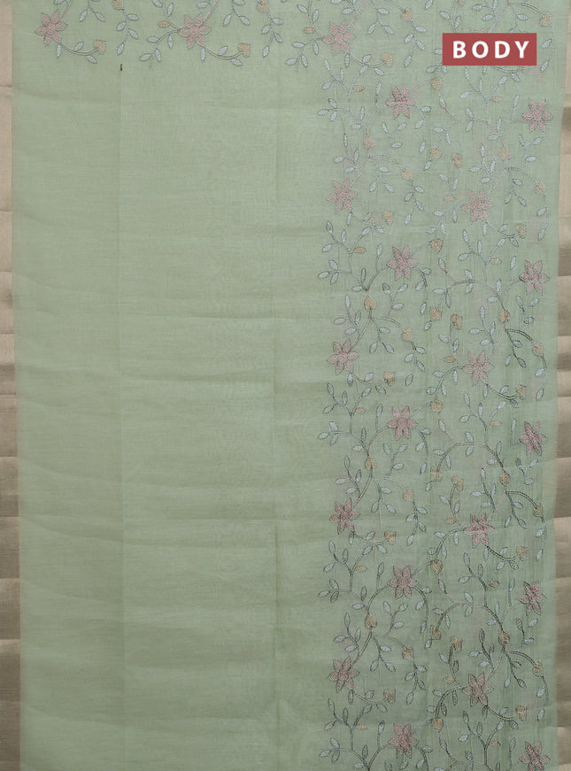 Cotton Saree pista green with allover kantha work and zari woven border