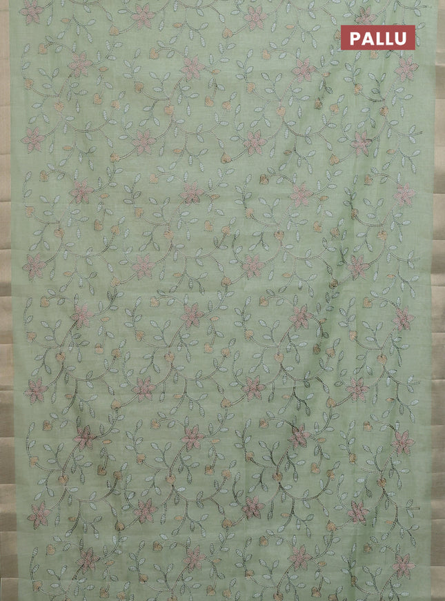 Cotton Saree pista green with allover kantha work and zari woven border